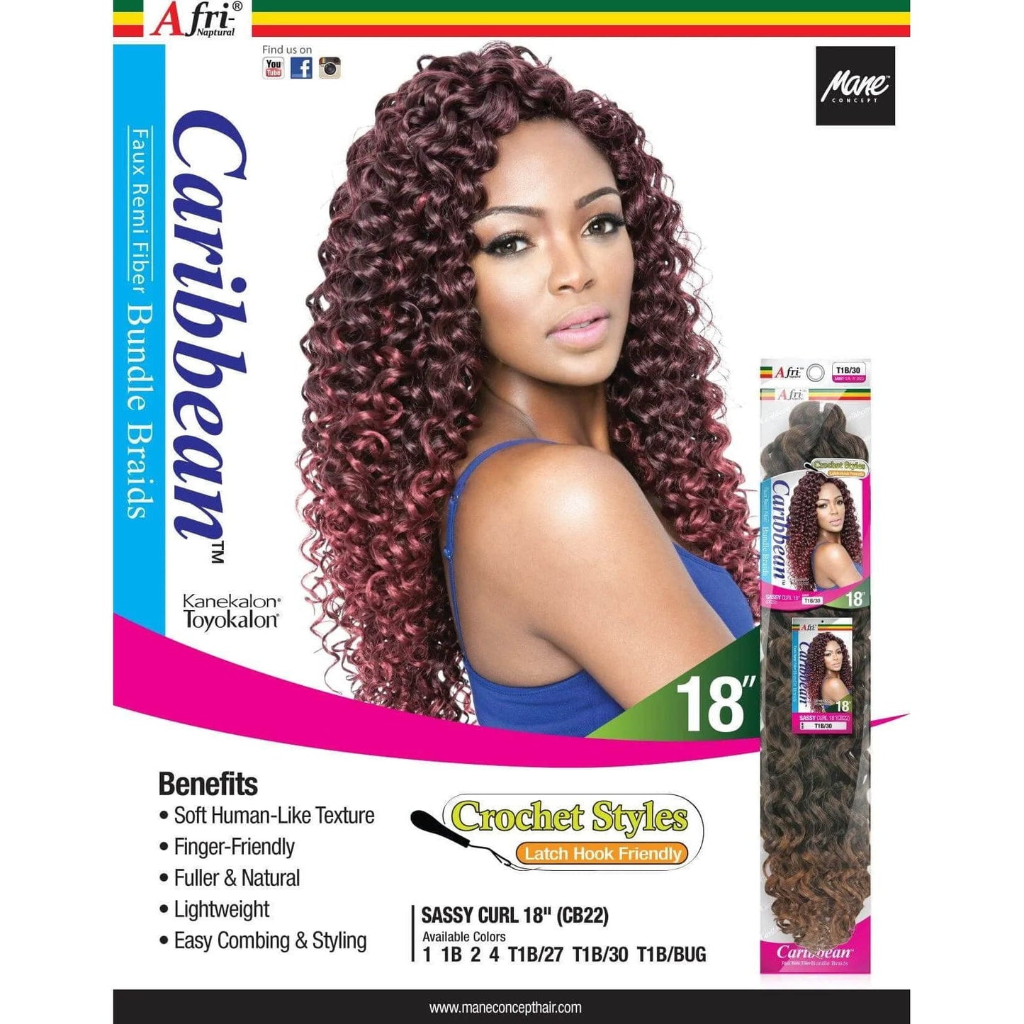 Mane Concept Health & Beauty Mane Concept Afri-Naptural Caribbean Sassy Curl Crochet Braid Kanekalon + Toyokalon Fiber 18"